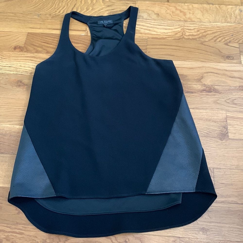 Rag & Bone Black Chieftain Silk Tank Top Leather Trim Side Panels Size S